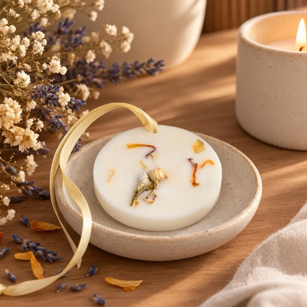 Palet parfumé aux fleurs séchées dans une coupelle en céramique, avec un ruban, de la lavande et des fleurs séchées sur une table en bois