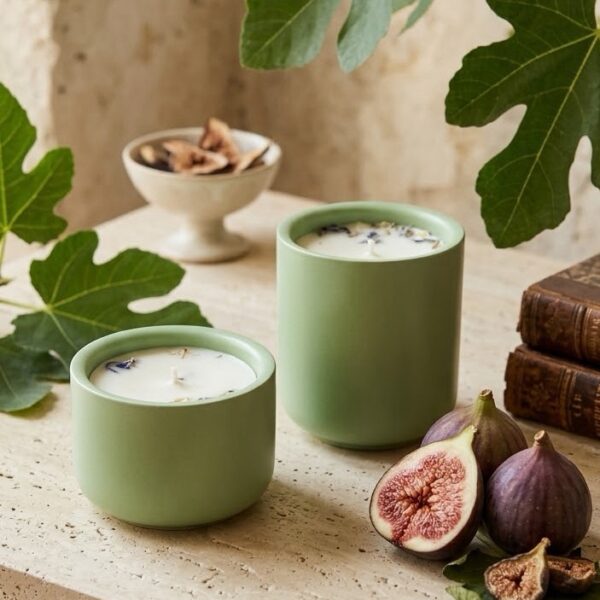 Bougie naturelle Figuier dans son pot vert, entre des feuilles de figuier et des figues