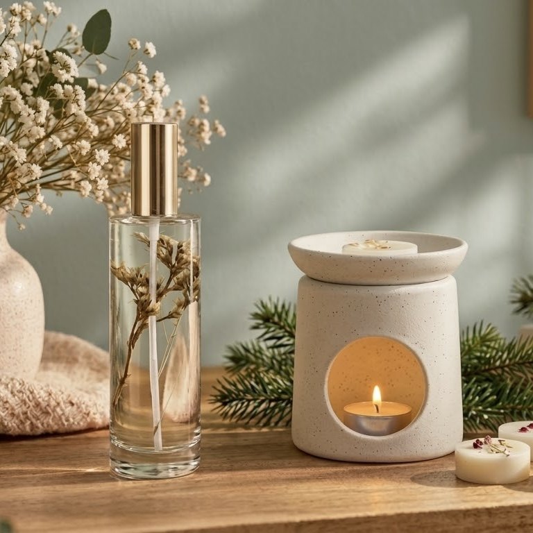 Vaporisateur de parfum d’intérieur aux fleurs séchées et brûle-parfum en céramique avec un fondant, sur une table en bois