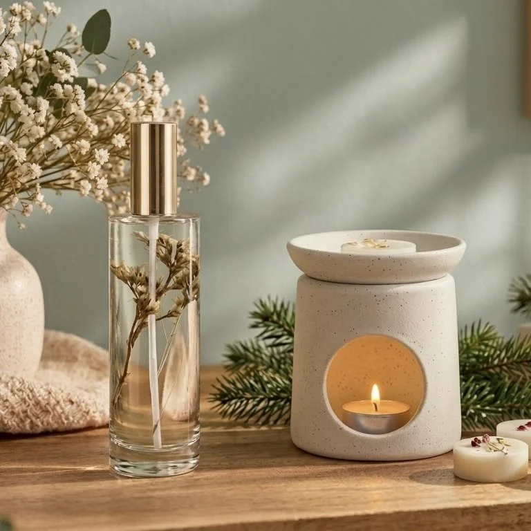 Vaporisateur de parfum d’intérieur aux fleurs séchées et brûle-parfum en céramique avec un fondant, sur une table en bois